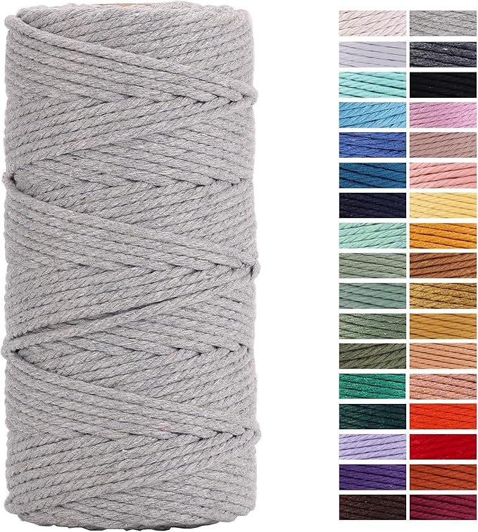 Light Grey Macrame Cord 3mm x 109Yards,Colored Cotton Rope Craft Cord Colorful Cotton Cord Twine for Wall Hanging Plant Hangers Crafts Knitting Decorative Projects
