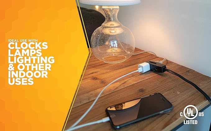 Woods 2243 16/3 Flat Indoor Extension Cord, 8-Foot, 3 Grounded Outlets, Right Angled Plug, Space Saving Design, UL Listed, Black