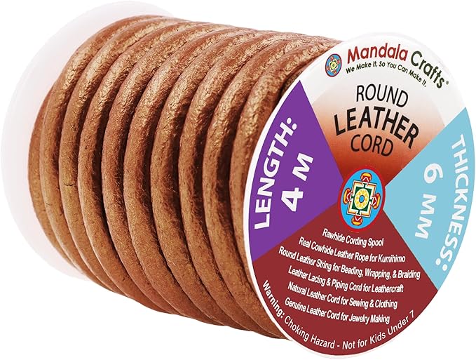 Mandala Crafts Round Genuine Bronze Leather Cord for Jewelry Making – 6mm Cowhide Leather Rope String Lace for Kumihimo – 4.4 Yards Cowhide Craft Cording Spool