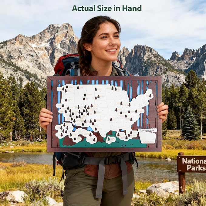 Wooden US National Parks Map Travel Tracker – 3-Layer Framed Wall Art with 70 Tree Pins, Stand, Marker & Gift Box – National Park Checklist Map, Holiday and Educational Geography Gift for Adventurers, Families & Outdoor Lovers, Perfect for RV, Home & H...