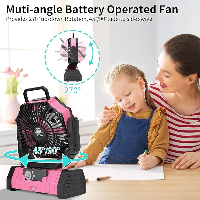 20000mAh Camping Fan Battery Operated Fans Portable,Portable Rechargeable Battery Powered Fan with LED Light,360°Oscillating & 8H Timer Camping Essentials Fans with Hook pink fan