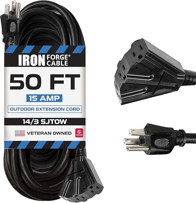 Iron Forge Cable 14 Gauge Outdoor Extension Cord 50 Ft with 3 Power Outlets, SJTOW 14/3 Heavy Duty 50 ft Black Extension Cord 3 Prong, Oil Resistant & Flame Retardant
