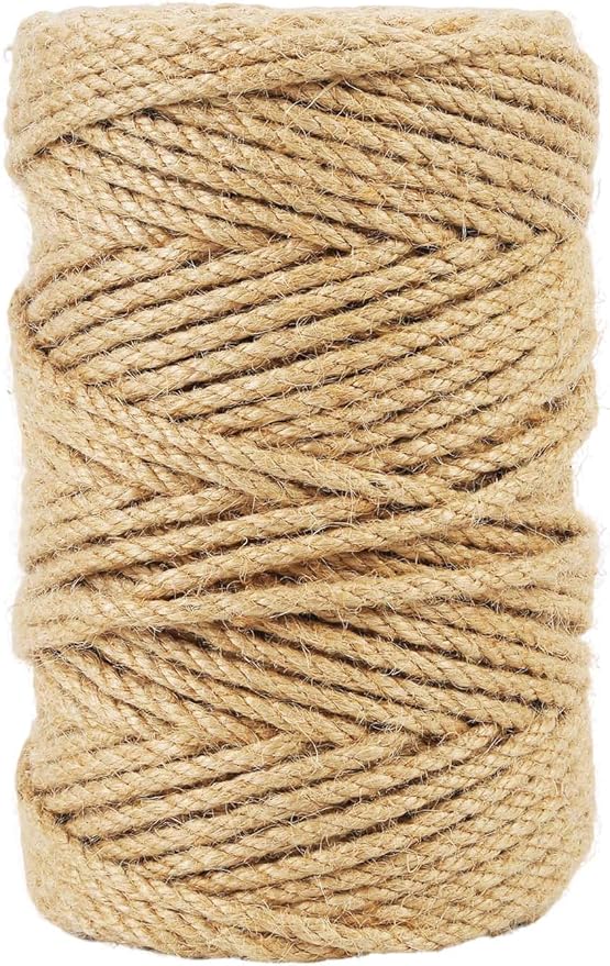 Natural Jute Twine, 5MM x 328FT Jute Rope Roll, Heavy Duty Thick Twine for Cat Scratching Post, Bundling, Gardening and DIY Crafts