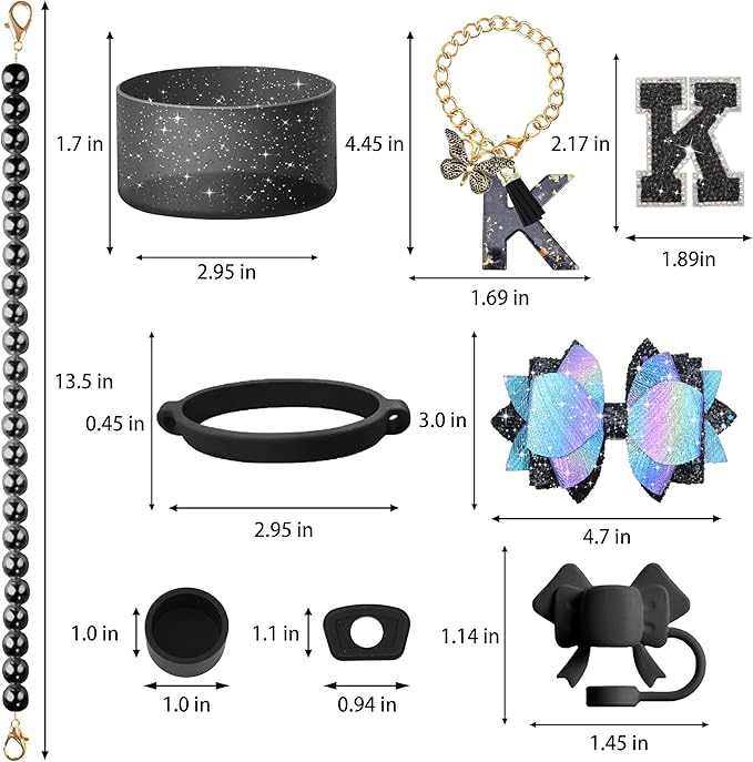 9PCS Black for Stanley Cup Accessories Set Bling Initials Bow Charms for Stanley Decorations 30/40 Oz Tumbler Accessories Including Bow Straw Topper, Handle Strap, Spill Stopper（Letter K）