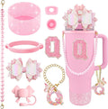 9PCS Pink for Stanley Cup Accessories Set Bling Initials Bow Charms for Stanley Decorations 30/40 Oz Tumbler Accessories Including Bow Straw Topper, Handle Strap, Spill Stopper（Letter Q）