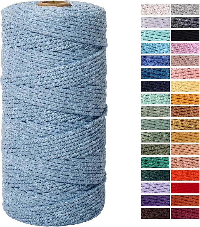 Baby Blue Macrame Cotton Cord 3mm x 109Yards, Colored Cotton Rope for Wall Hanging, Plant Hangers, Crafts, Knitting, Decorative Projects