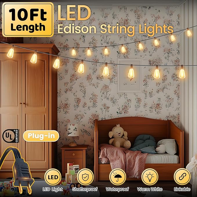 10FT Outdoor String Lights - Waterproof LED Patio Lights Shatterproof ST38 Edison Bulbs, Connectable Hanging Outdoor Vintage Lights for Indoor Backyard Yard Gazebo Porch Party Decor