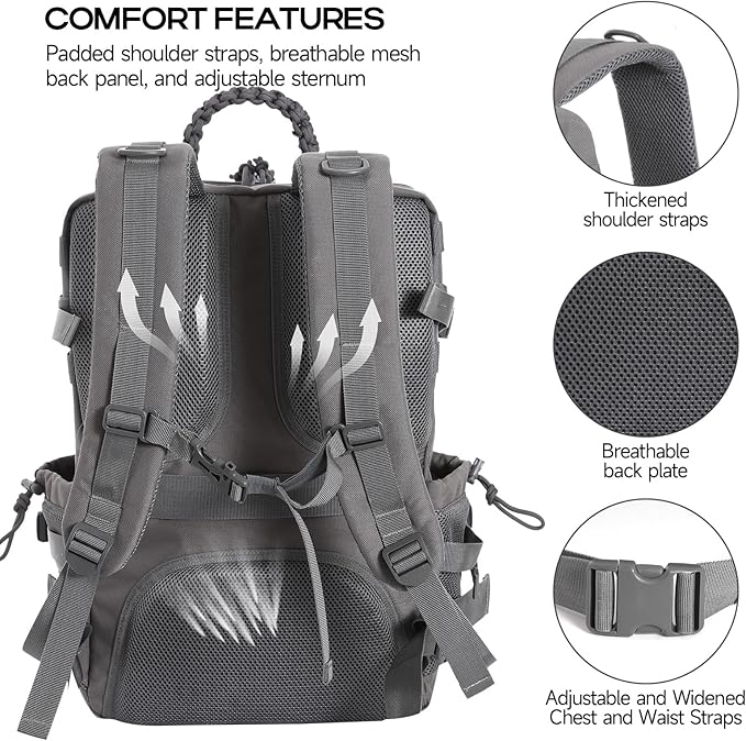 Tactical Military Backpack, Large Capacity Molle System, Multi-Compartment Design with Shoe Storage, Black (grey)