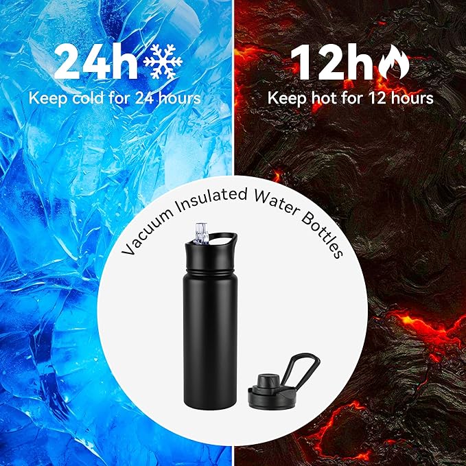 VEGOND 24oz Insulated Stainless Steel Water Bottle with Straw Lid, Double Wall Vacuum Bottle for Hiking, Camping, Gym, Work, Home Use, Black 8 Pack