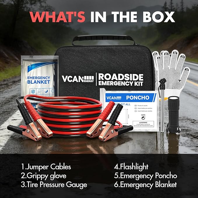 Car Emergency Safety Kit Bag with Jumper Cables, Tire Pressure Gauge, Auto Vehicle Safety Road Side Assistance Kits Essentials,for Women, Men, Teen (Black)