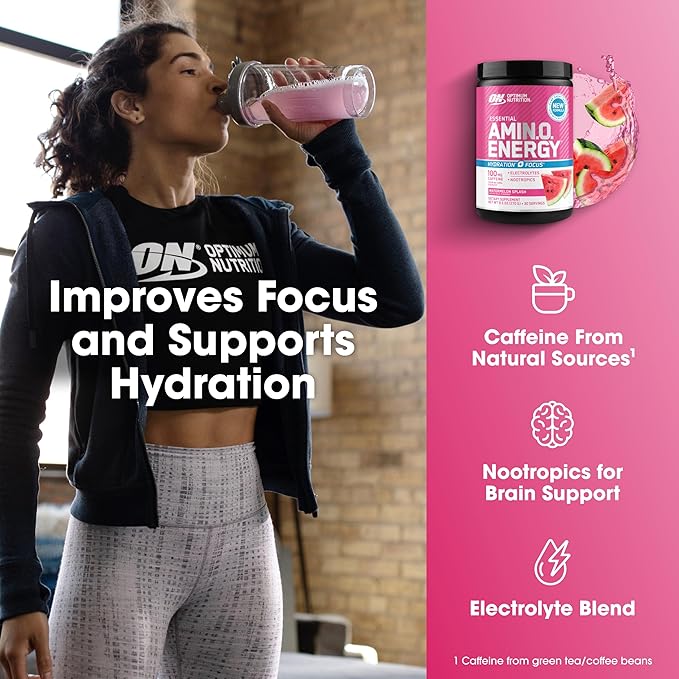 Optimum Nutrition Amino Energy Powder Plus Focus, with BCAA, Electrolytes, and Caffeine, Watermelon, 30 Servings (Packaging May Vary) (Pack of 6)