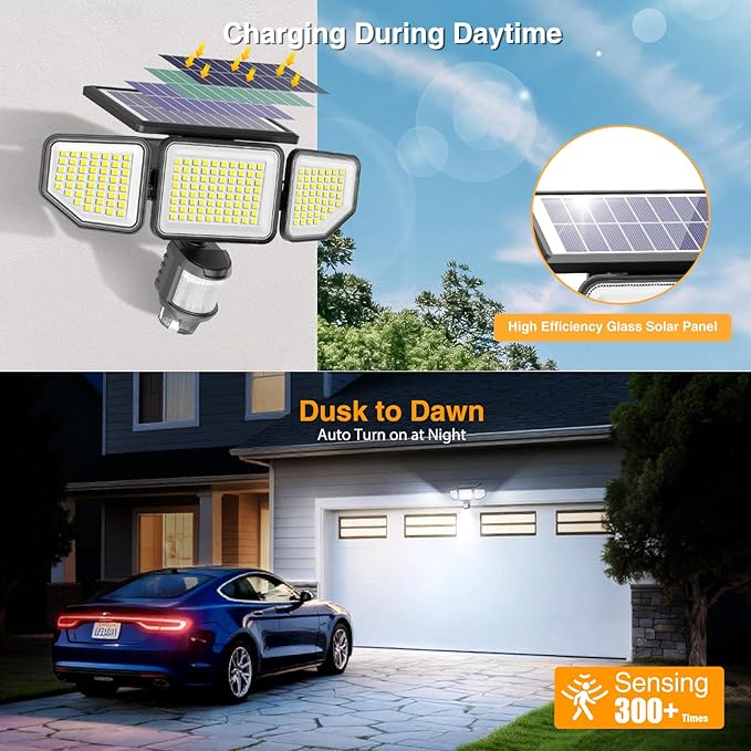 Onforu Solar Lights Outdoor, 3 Heads Security Lights with Remote Control & Night Light, IP65 Waterproof Motion Sensor Lights, 3 Modes, Flood Lights for Wall, Porch, Yard, Outside, 2 Pack