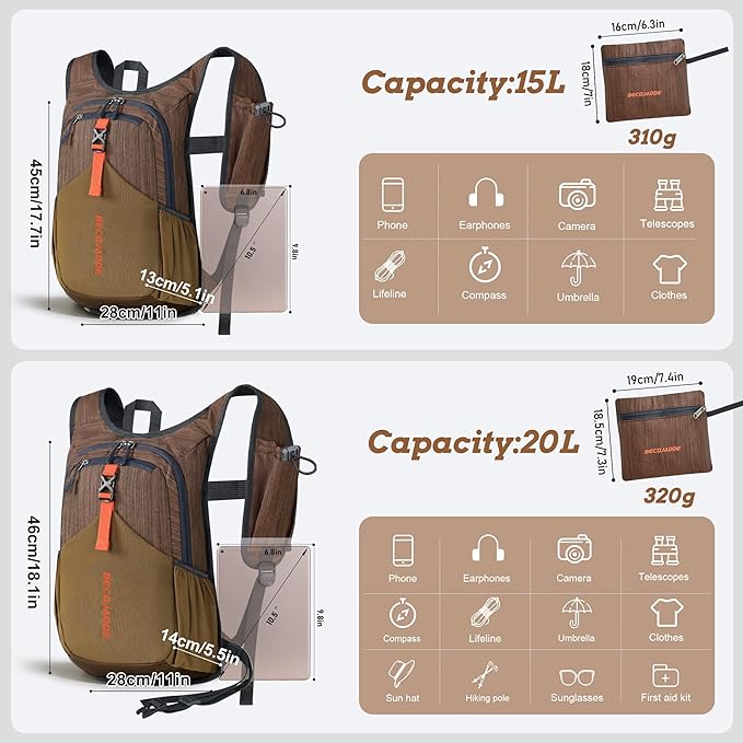 BECOJADDE 15L Small Hiking Backpack for Men Women Foldable Packable Back Pack Ultralight Hiking Daypack for Travel Camping Outdoor, Chocolate Brown
