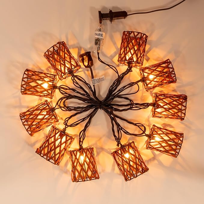 Decorative String Lights Plug in with 10 Incandescent Bulbs, Handwoven Rattan Cylinder-shaped Boho Lantern String Lights Connectable Weatherproof Outdoor Indoor for Bedroom Patio Pergola Decor (Brown)