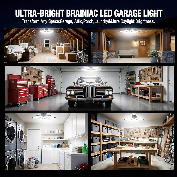 BRAINIAC 100W LED Garage Light Bulb, Deformable Garage Lighting Led with 6 Adjustable Panels, E26/E27 Screw-in Shop Lights for Basement Workshop Barn Basement Warehouse - 4Pack