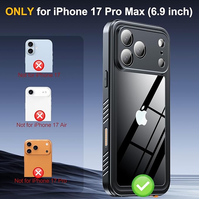 ANTSHARE for iPhone 17 Pro Max Case, IP68 Waterproof Shockproof Case, [Built-in Screen Protector] - 12 FT Military Dropproof - Full Body Heavy Duty Rugged Phone Cover 6.9 inches - Black/Clear