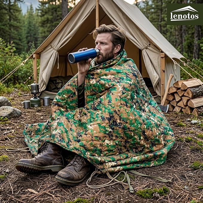 Lenotos Woobie Blanket, Thermal Insulated Military Poncho Liner, Water-Resistant, Portable, Insulation, for Hiking, Survival with Compression Carry Bag (Marpat)