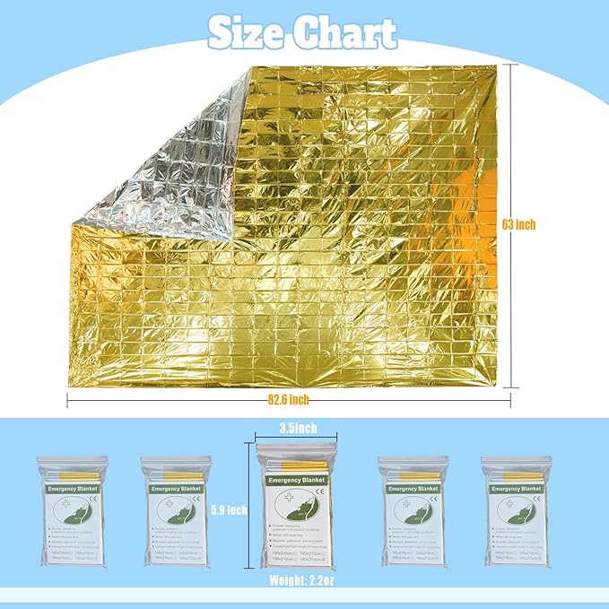 Emergency Mylar Blanket 5-Pack, Thermal Survival Blankets, Reflective Foil blanket Silver and Gold, 82'' x 63'' Gigantic Space Blanket. Suitable for First Aid, Outdoors, Camping, Auto Emergency Use
