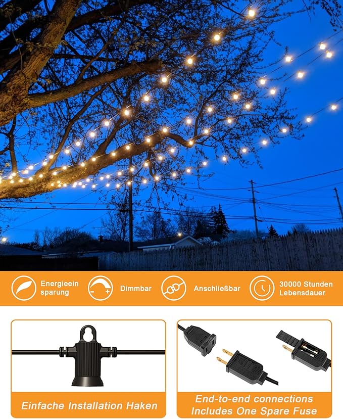 Zuske Outdoor String Lights Waterproof, 100FT LED Patio Lights with 53 Shatterproof G40 Globe Bulb(3 Spare), Connectable Dimmable Outside Hanging Lights for Backyard Porch Balcony Gazebo (2x50FT)