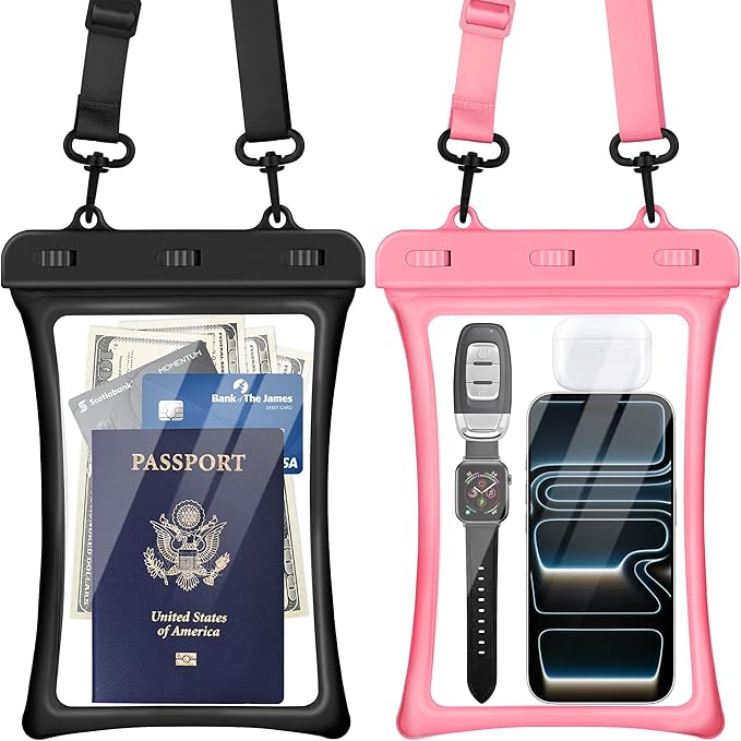 CACOE [Floatable Floating Universal IPX8 Waterproof Phone case 2 Pack-Up to 10.0",Adjustable Lanyard Phone Pouch,Cellphone Dry Bags for Vacation Beach Pool Kayak Cruise Travel Essentials（Black+Pink）