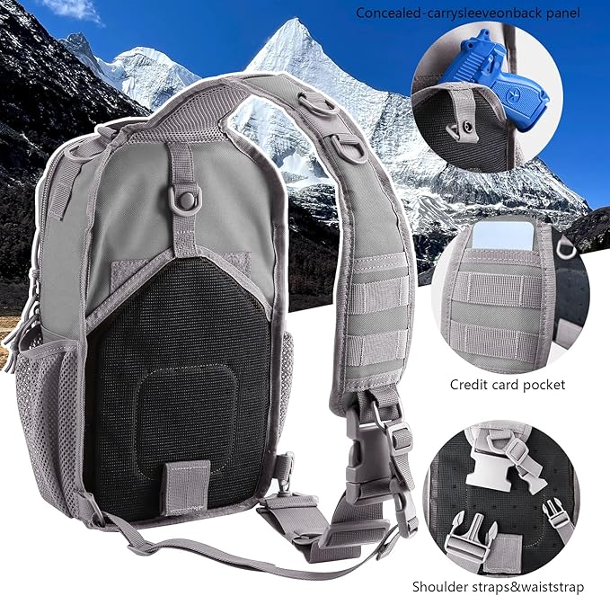 Rover Sling Pack Tactical Shoulder Sling Bag Backpack with Bottle Holder Crossbody Chest Bag, Grey