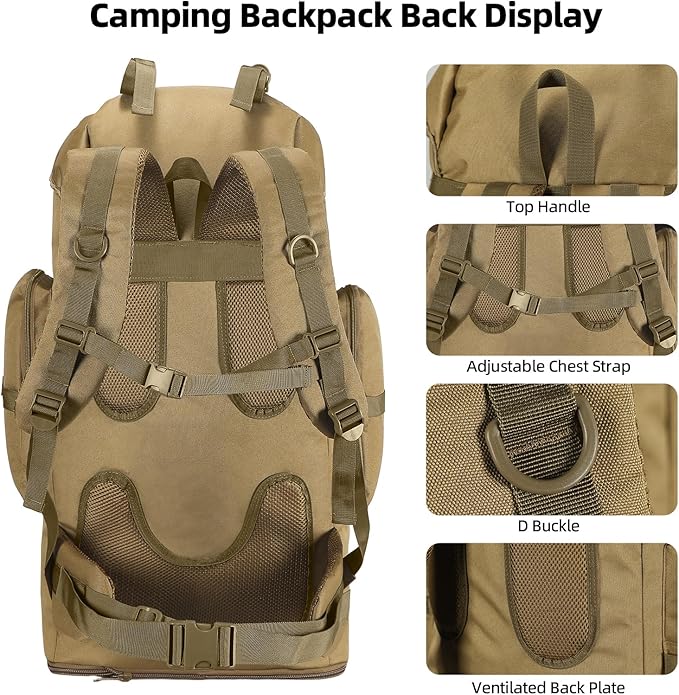 70L/100L Camping Hiking Backpack with Rain Cover, Expandable Large Military Tactical Backpack, Waterproof Molle Racksack Travel Backpacking Daypack for Climbing Trekking (Khaki)