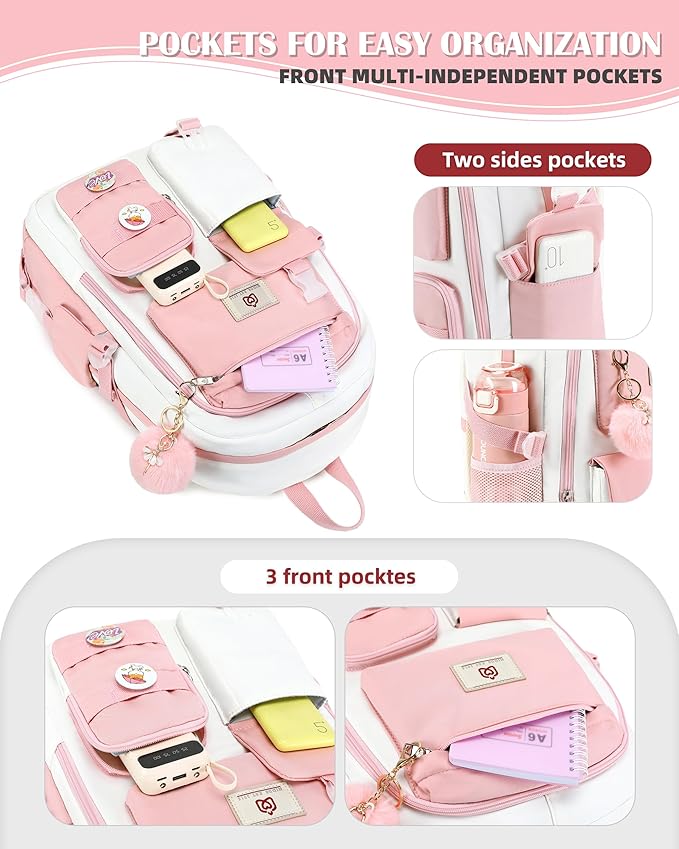 Hidds Laptop Backpacks 15.6 Inch School Bag Elementary Middle High College Backpack Cute Bookbags Anti Theft Travel Back Pack Casual Daypack Kids Book Bag for Teens Girls Women Students-Pink Beige