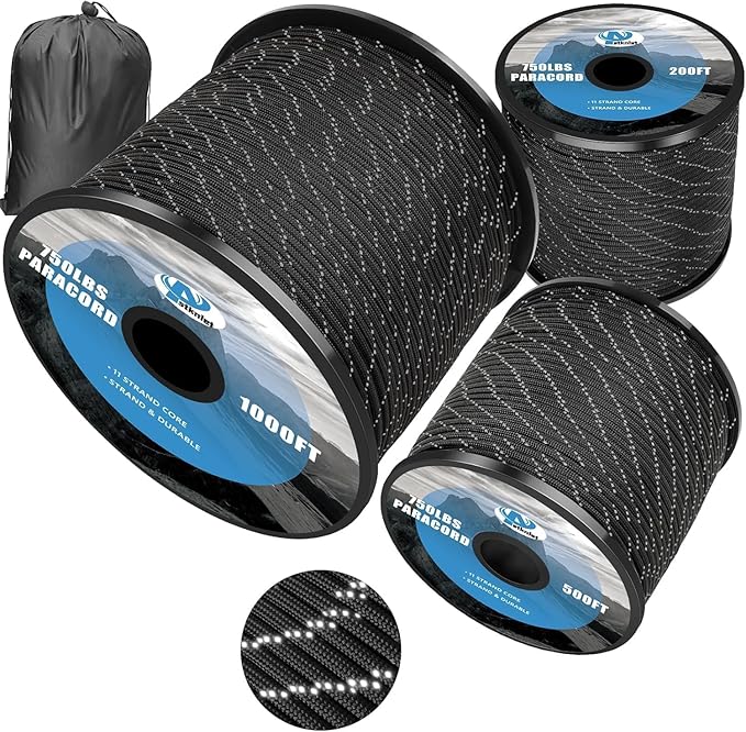 750Ib Reflective Paracord Rope,100' 200' 500' 1000', 4mm 11 Strand Parachute Spool Cord with Collecting Bag, para Cord Lanyard for Hammock, Camping