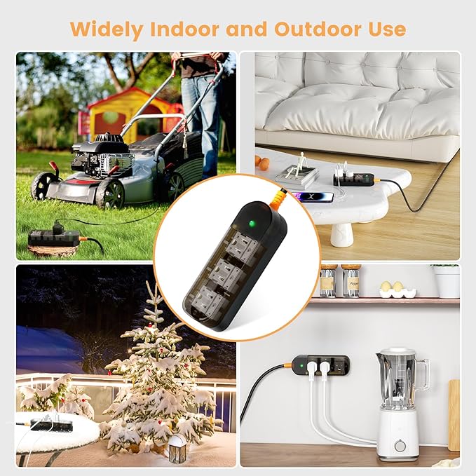 Outdoor Power Strip Weatherproof 10 FT Extension Cord Waterproof Surge Protector Power Strip, 3 AC Outlets, 1625W Overload Protection, for Camping, Home, Office, Garden, FCC UL Listed