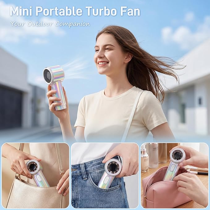 Portable Handheld Turbo Fan, Up to 12 Working Hours, 15000RPM High Speed, Personal Pocket Fan with 100 Speed, Rainbow Battery Rechargeable, Summer Essentials for Women Beach Travel Outdoor