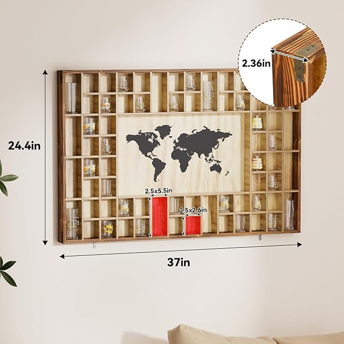 68 Large World Map Shot Glass Display Case Rustic Shot Glass Holder 37x 24.4in Brown Wood Shelf for 2 Different Sizes Glasses Shelf Wall Mount Storage Cabinet for Bar Home Kitchen
