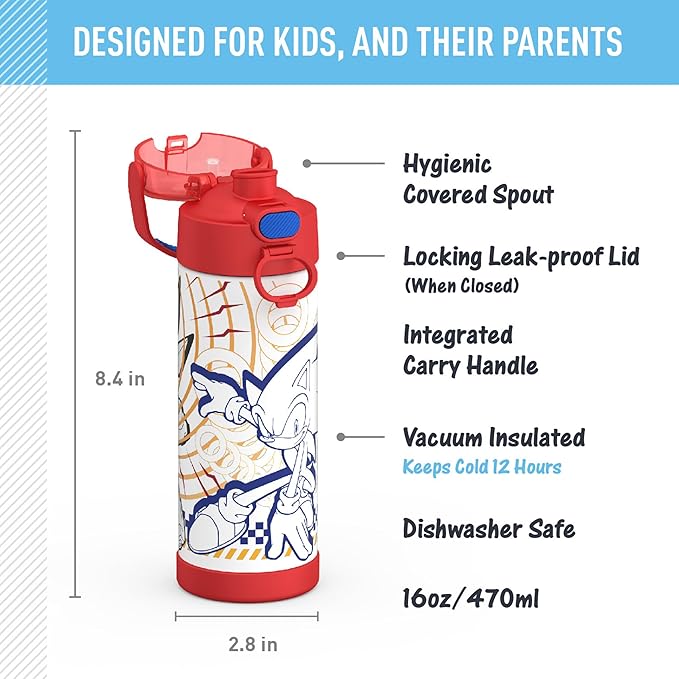 THERMOS FUNTAINER 16 Ounce Stainless Steel Vacuum Insulated Bottle with Wide Spout Lid, Sonic