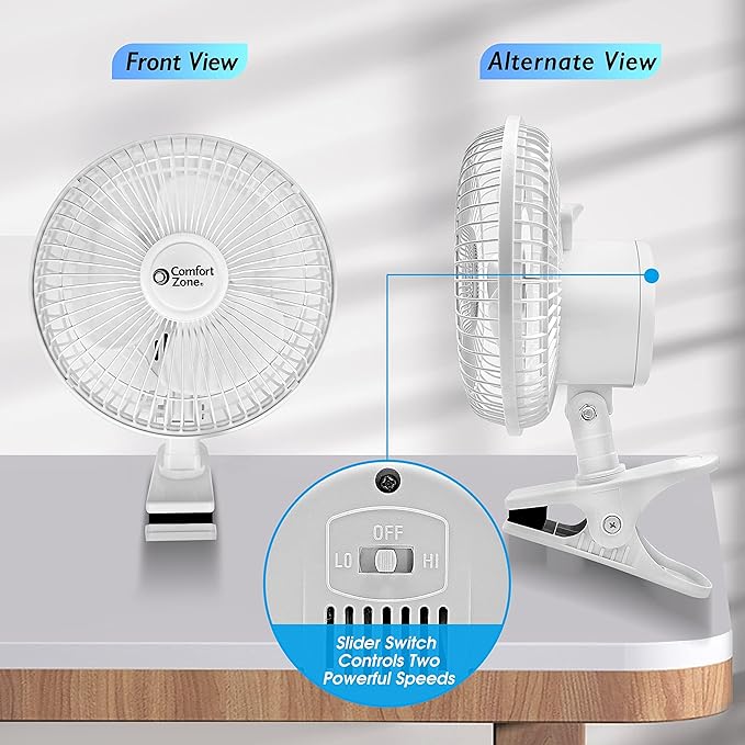 Comfort Zone Portable Clip on Fan with Fully Adjustable Tilt, Electric, 6 inch, Quiet, Indoor, 2 Speed, Mini Desk Fan, Table Fan, Airflow 6.53 ft/sec, Ideal for Home, Bedroom, Dorm & Office, CZ6C