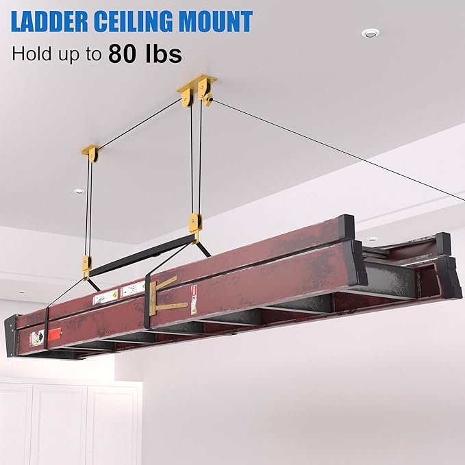 TRUSOON Ladder Storage Pulley Hoist, Self Locking Function Ladder Hanger, Garage Ceiling Mount Lift System for Lightweight Kayak, Bike, Surfboard, Hold 100 lbs, Fit 10-18 Foot Ceilings