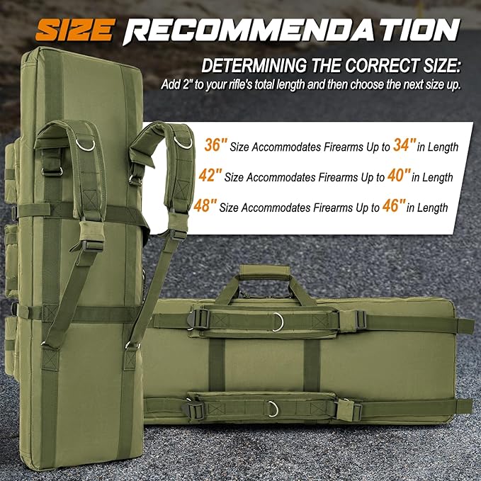 DULCE DOM 36 42 48 Inch Double Rifle Case, Tactical Soft Padded Backpack for Hunting & Shooting Range, Heavy-Duty Storage Gun Bag for 2 Rifles & Pistols with Lockable Zippers & MOLLE System