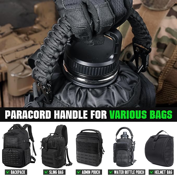 Tactical Paracord Handle，9-core Weaving Paracord Strap for Bag Strap Replacement，Molle Attachment with Metal/Plastic Clips for Backpack Sling Bags Water Bottle Holder