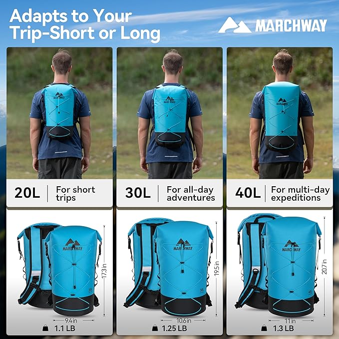 MARCHWAY Floating Roll Top Dry Bag, Flexible Lightweight TPU Waterproof Backpack 20L/30L/40L with Padded Straps for Boating, Kayaking, Swimming, Hiking, Beach (Blue, 40L)
