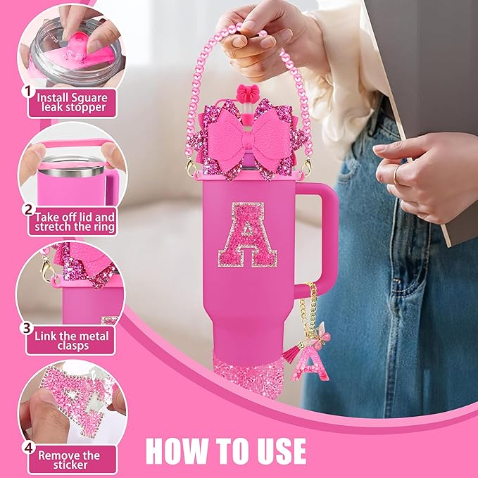 9PCS Hot Pink for Stanley Cup Accessories Set Bling Initials Bow Charms for Stanley Decorations 30/40 Oz Tumbler Accessories Including Bow Straw Topper, Handle Strap, Spill Stopper（Letter L）