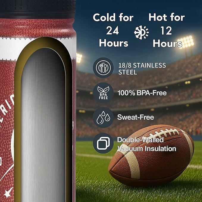 Football Water Bottle, 24 oz Insulated Stainless Steel Sports Bottle with Straw, Football Stuff Gifts for Boys
