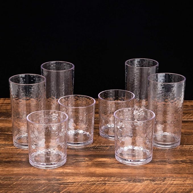 KX-WARE 14-ounce and 20-ounce Acrylic Glasses Plastic Tumbler, set of 8 Clear - Hammered Style, Dishwasher Safe, BPA Free