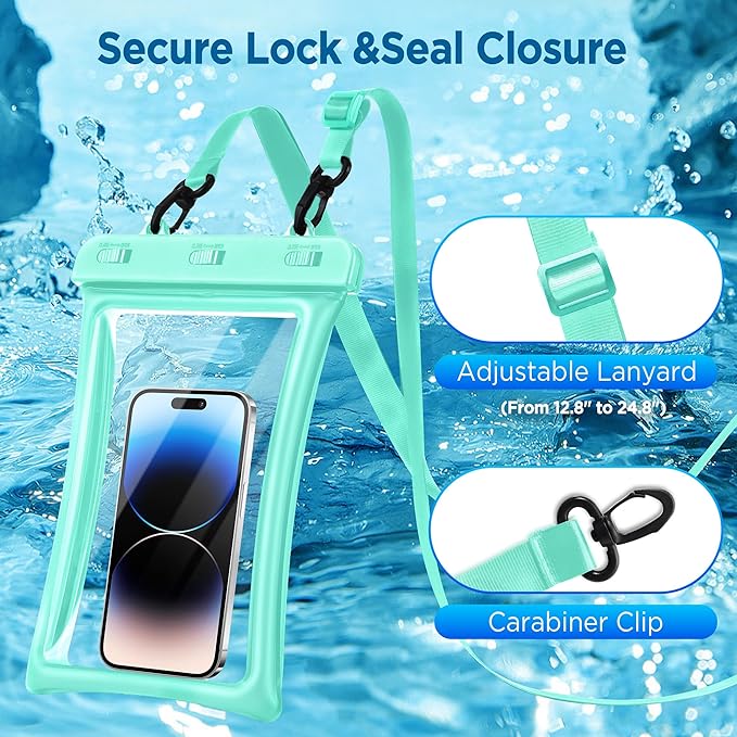 CACOE [Floatable Floating Universal IPX8 Waterproof Phone case 2 Pack-Up to 10.0",Adjustable Lanyard Phone Pouch,Cellphone Dry Bags for Vacation Beach Pool Kayak Cruise Travel Essentials（Pink+Green）