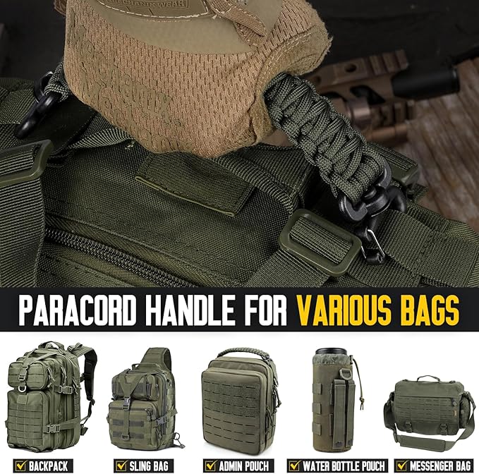 Tactical Paracord Handle，9-core Weaving Paracord Strap for Bag Strap Replacement，Molle Attachment with Metal/Plastic Clips for Backpack Sling Bags Water Bottle Holder