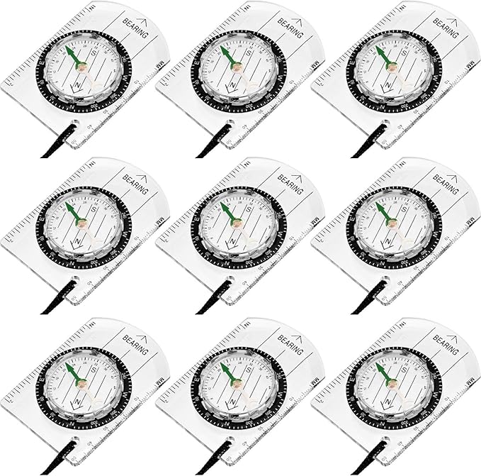 BBTO 9 Pieces Orienteering Compass Hiking Backpacking Camping Compass Map Reading Outdoor Waterproof Tool for Scout Kids Women