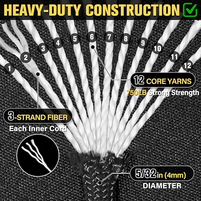 Paracord Rope 750 lb - 500ft 5/32" Parachute Cord 4MM 12-Strand para Cord - Heavy Duty Spool String for Survival,Camping Gear, Survival Bracelet, Clothesline - Black