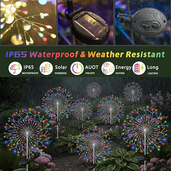 Solar Garden Lights Outdoor, 210 Led & 8 Modes Solar Firework Lights Decorative Waterproof Solar Fairy Fireworks Sparklers Light for Outside Yard Pathway Walkway Balcony Patio Decor,4Pack