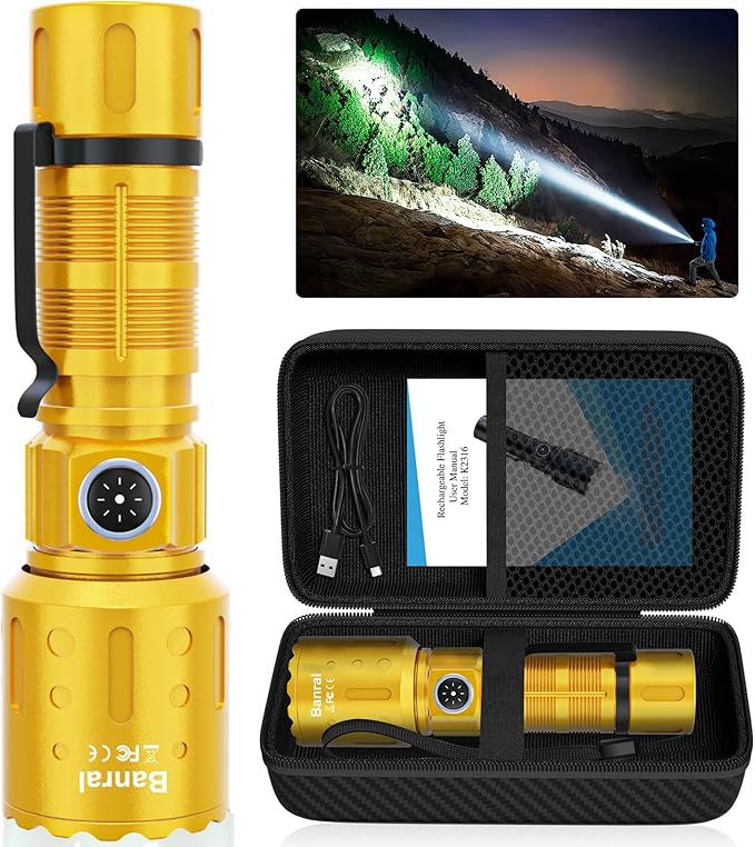 Banral Flashlights High Lumens Rechargeable, Super Bright Long Range Small Powerful Flashlight, 6 Modes LED Tactical Pocket Waterproof Flash Light for Home Emergency (1, Yellow Gold)