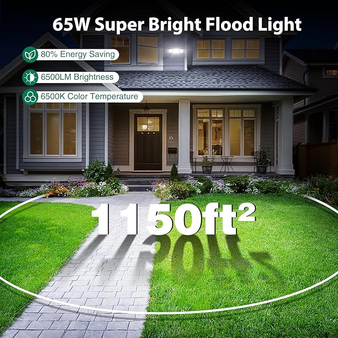 Flood Light Outdoors, 65W 6500 Lumen Super Bright LED Security Lights, 3 Adjustable Heads, IP65 Waterproof, 6500K Daylight Wall Mount Outdoor Flood Light for Yard, Garage