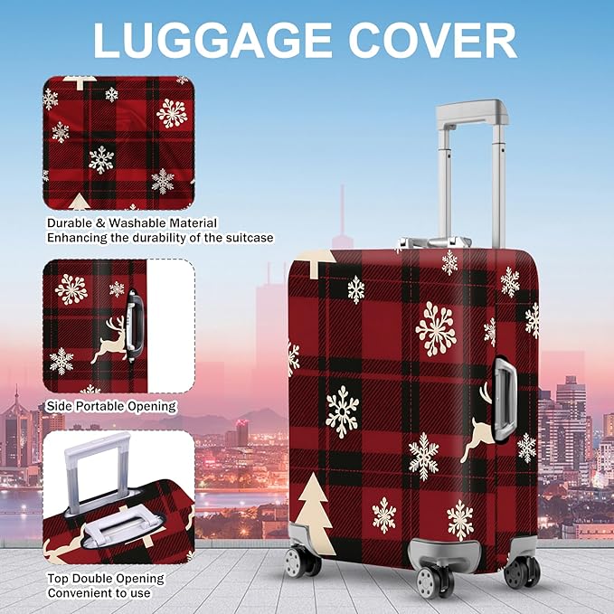 ANNA QUEEN Christmas Plaid Luggage Cover, Red and Black Check Suitcase Protector with Snowflake and Tree Pattern, Stretchable Washable Travel Sleeve for 20-22 Inch Luggage