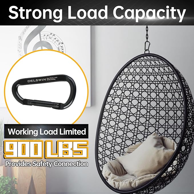 DELSWIN Heavy Duty Carabiner Clip 900lbs, 3 Inch Steel Carabiners for Keychain, Camping, Hiking, Backpack, Dog Leash, Hammock, Gym - D-Shaped Spring Hook Black