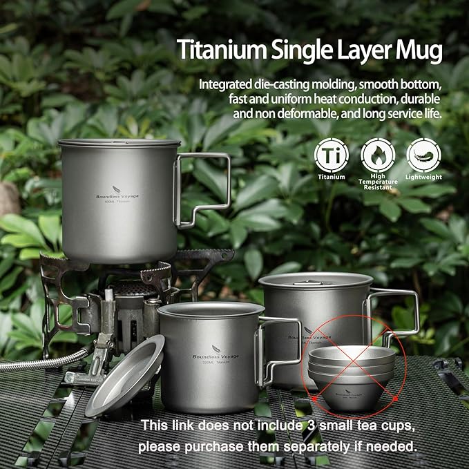iBasingo Titanium Cup Set with Lid Foldable Handle Single-walled Camping Mug Lightweight Portable for Outdoor Drinking Drinkware US-Ti3060D